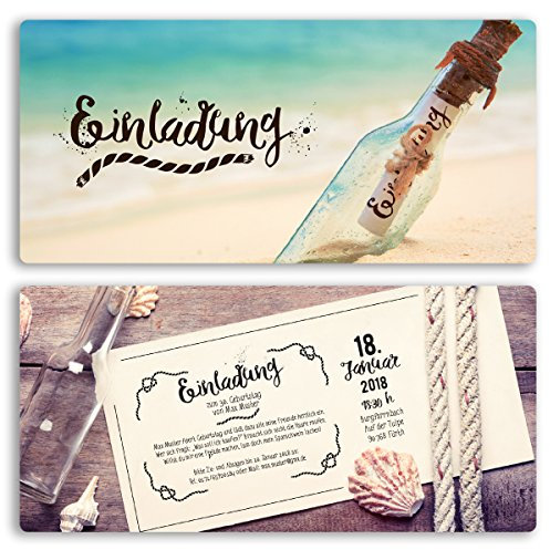 (100 x) Einladungskarten Geburtstag Flaschenpost Strand Meer Vintage Einladungen