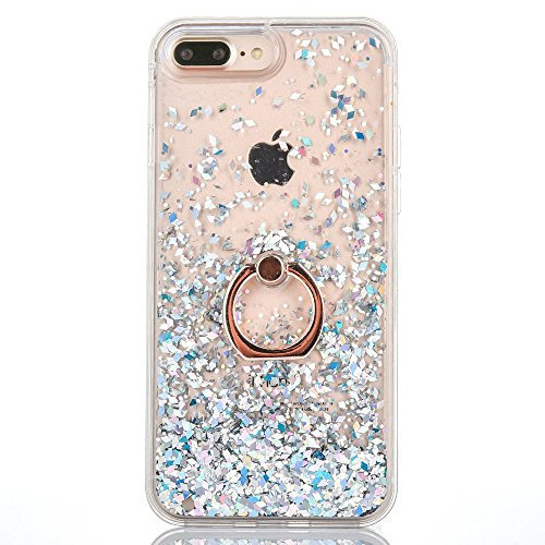 Mo-Beauty Coque de protection en plastique transparent pour iPhone 7 Plus avec film protecteur d'écran en verre trempé, motif paillettes flottantes dans du liquide