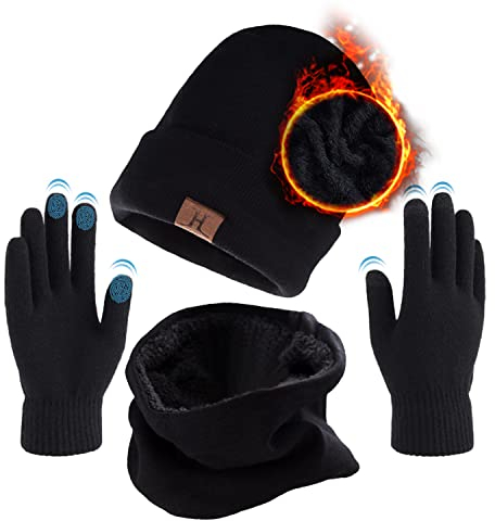 TMEOG Mütze Herren Damen Wintermütze Schal Touchscreen Handschuh Set, Beanie Strickmütze Winter Loop Schal mit Fleecefutter Warmemütze Schlauchschal Handschuhe für Herren Damen, Schw
