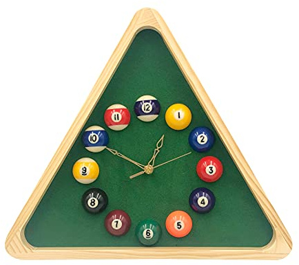 Yuanhe Billard-Pool-Kugeluhr, 35,6 cm, dreieckiger Billardtisch, Coole Wanduhr mit Massivholzrahmen, ideal für Billardzimmer, Poolraum, Spielzimmer, Bar