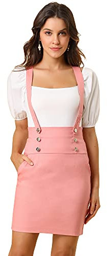 Allegra K Jupe Taille Haute Femme Bouton Avant Crayon Bretelles Salopette Jupe Rose XL