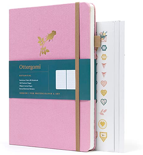 Ottergami Bullet Journal Notizbuch gepunktet - Hochwertiges, sehr dickes Papier mit 180 g/m² und 128 Seiten - Botanical Notizbuch B5 dotted Bulletjournal mit Punktraster, Stickern & Stoffeinband