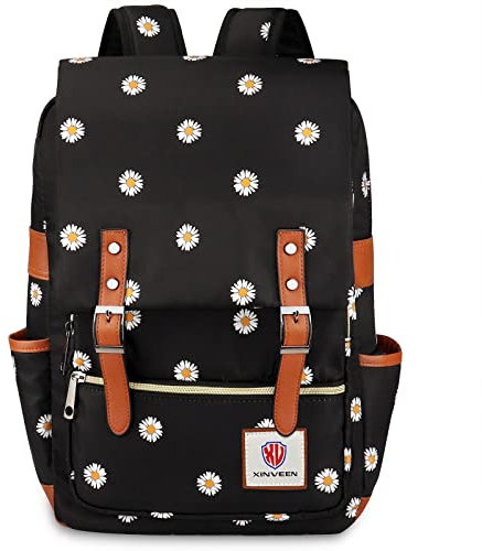 Xinveen Slim Vintage Laptop Backpack Flower College School Backpack Unisex Casual Travel Daypack for Women Men Daisy Black