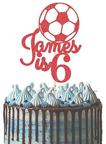 Personalised with Any Name Any Age Football Lovers Cake Topper for Son Daddy Custom Happy Birthday Cake Decoration Multicolour Glitter Card 6th 8th 10th 13 16 18 21 30 40 50 60 (Red)