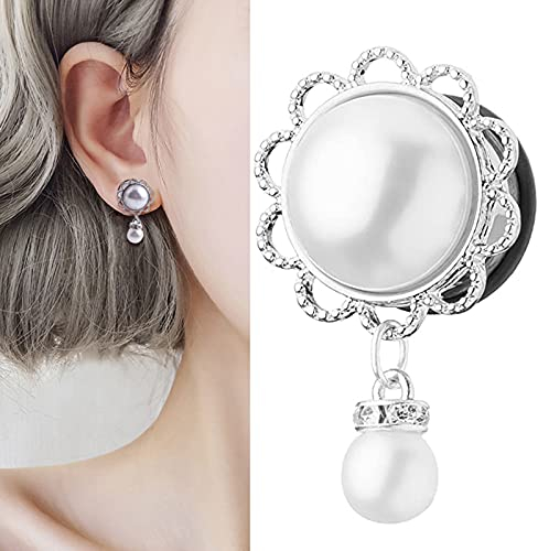 XINHE 2 Stücke Flesh Tunnel Ohr Piercing Plug Ohrpiercing Single Flared Ear Edelstahl Blume mit Perle Strass Kristall Anhänger Silber Weiß,0g(8mm)