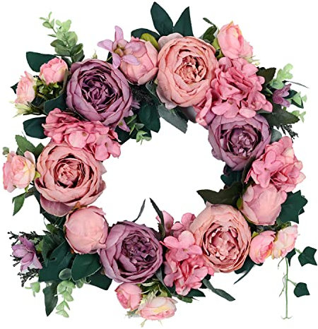 Künstlicher Blumenkranz mit künstlichen Pfingstrosen, 38,1 cm - 40,6 cm, mit grünen Blättern, handgefertigt für Haustür, Bauernhaus, Willkommens-Tür, Wand, Heimdekoration, Büro, Antikrosa