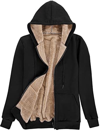 Voqeen Felpe Donna Con Cappuccio Caldo Felpa in Peluche Cerniera Coulisse con Tasca Cappuccio Cordoncino Manica Lunga Sweatshirt Hoodies Cappotto Giacca Autunno Inverno(Nero,M)