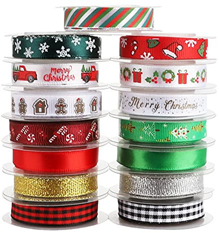 KOOTAU Lot de 15 rouleaux de rubans, ruban gros-grain imprimé de Noël, ruban à paillettes doré, argenté métallisé pour emballage cadeau, décorations de fêtes d'hiver…