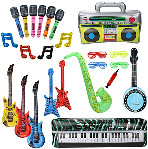 Inflatable Rock Star Toy Set Inflatable Guitar Saxophone Microphone Piano Radio Boombox Balloons Fun Musical Instruments Accessories for Kids Party Decoration Random Color with Air Pump