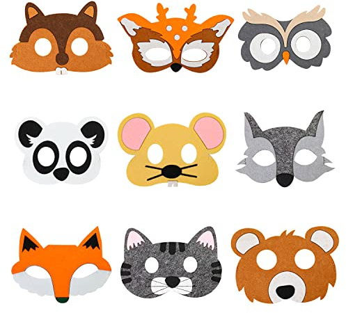 MYLERCT Tiermaske, 9 Stück Filzmaterial Tiermasken, Weich, Angenehm zu Tragen, Wiederverwendbar, Filzmaske Geeignet für Geburtstagsfeiern, Kostümpartys