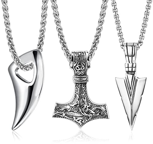 JeweBella 3PCS Wikinger Halskette Herren Thors Hammer Anhänger Edelstahl Mjolnir Wolfszahn Amulett 60cm Kette Silber/Schwarz Nordisch Thors Halskette Wikinger Herren Geschenk Schmuck