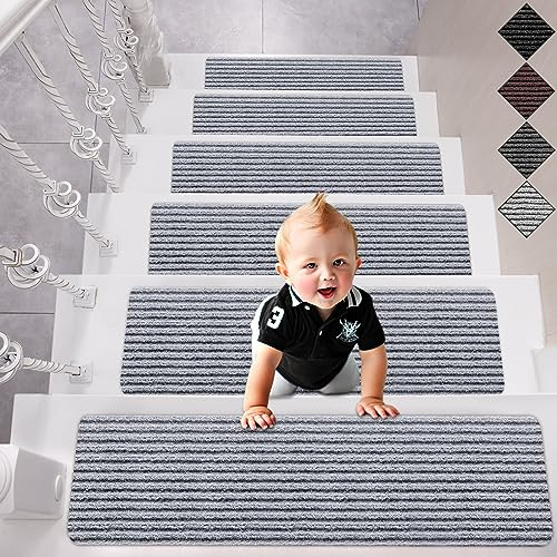 Spurtar Treppenstufen Matten, 15er Set Treppenteppich Selbstklebend Streifen Stufenmatten Innen Stufenteppich für Verschiedene Arten von Treppen Treppen Teppichstufen,20 cm X 76 cm, Hellgrau