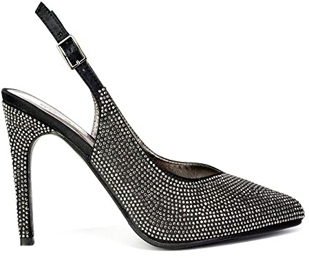 Womens Bridal Shoes Satin Diamante Ladies Slingback Party Point Toe Court Shoes Size 3-8 Black