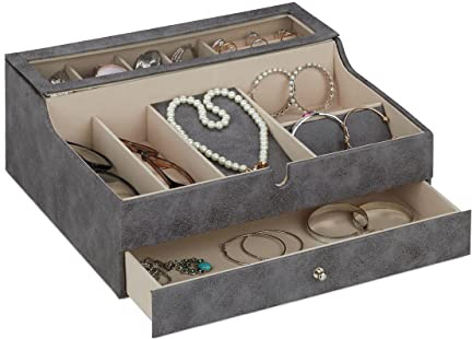 Relaxdays Jewellery Organiser with Lid, Leather Look, Velvet, Jewelry Box for Ladies & Gents, HWD: 13 x 34 x 31cm, Grey