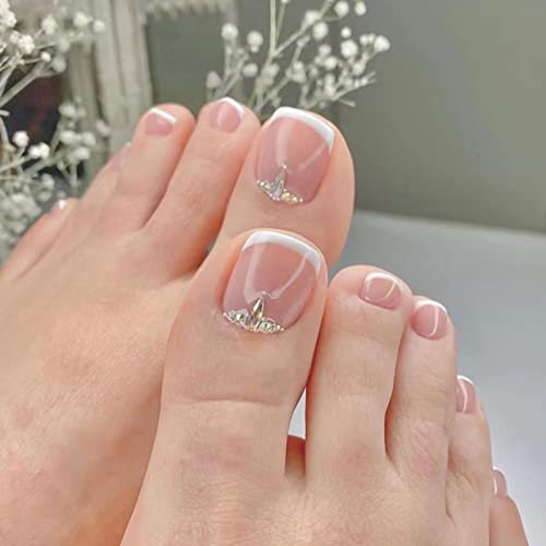 RUNRAYAY Blanc Appuyez sur Ongle d'Orteil avec Strass pour Ongles, Pointe Française Faux Ongles d'Orteil Press Ons Ongles de Pied Artificiels Couverture Complète pour Salons de Manucure et Bricolage