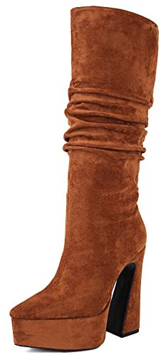 Vrupons Stivali al ginocchio da donna vintage con plateau con tacco alto per l'inverno, marrone, 37 EU