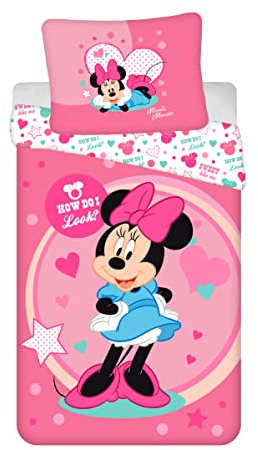 Disney Kinder Wendebettwäsche Minnie Maus mit Blauen Kleid und Pinker Schleife, Herzen, Bettdecke 140 x 200 cm und Kopfkissen 70 x 90 cm mit Reißverschluss