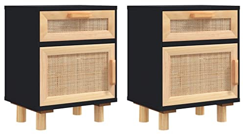 vidaXL 2X Nachttisch 1 Schublade 1 Fach Nachtschrank Nachtkonsole Nachtkommode Schlafzimmer Schrank Kommode Schwarz Massivholz Kiefer Natur-Rattan