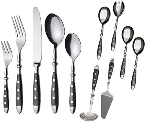 GRÄWE Besteckset, Nürnberg, 36-teilig, 6 Personen, Edelstahl, schwarzer Griff, rustikal, schwere Qualität, spülmaschinengeeignet, handpoliert