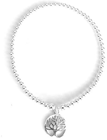 Sterling Silver 925 Beaded Stretch Tree Of Life Charm Bracelet
