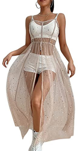Loalirando Robe à Bretelles Femme Clubbing Fête Sexy Transparente en Tulle avec Strass Tunique de Plage Maxi Longue, Rose, XL