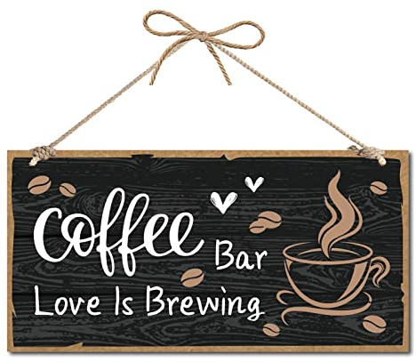 CREATCABIN Kaffee-Bar-Schild Dekoration Holzschild Zum Aufhängen Wandkunst Holzbrett Türschild Liebe Ist Brauen Herz Dekorativ Für Kaffeebar Zubehör Shop Bauernhaus Küche Terrasse Dekoration 30x15 cm