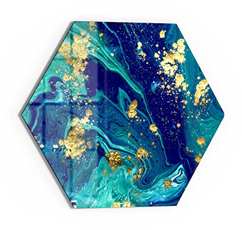 DEQORI Glasbild Echtglas | Motiv Marmor mit Goldakzent | sechseckig einteilig 55x47,6 cm | schöne Dekoration | Wandbild für Wohnzimmer, Schlafzimmer, Flur & Küche | moderne Wanddeko