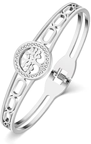 DOWAY Bracelet en jonc acier inoxydable plaqués or et argent pour femmes filles bijoux cadeaux d'anniversaire (2-Arbre de vie-Argent)