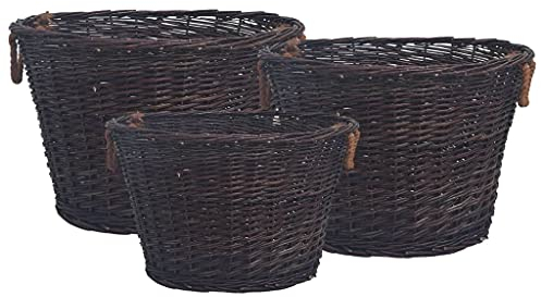 Makastle 3 Stück Holzkorb aus Weide Feuerholzkorb für Kaminholz, Wäschekorb oder Dekoration, Kaminkorb, Feuerholzkorb, Brennholzkorb, Stapelbar Dunkelbraun