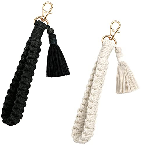 CHUQING Schlüsselanhänger Makramee Schlüsselband Kurz Geflochten Armband Boho Schlüsselbund Stoff für Frauen Mädchen Damen Schwarz und Weiß