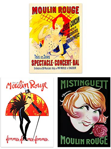 Vintage Moulin Rouge Burlesque Cabaret Girls Paris France Set Of 3 Unframed Wall Art Prints Bathroom Bedroom Aesthetic Retro Advertising 12X16 Inch