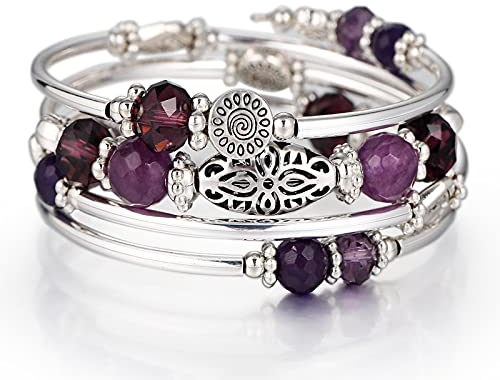 FULU AUTUMN Damen Boho Armband mit Mehrschichtiges Perlen Silber Wickelarmband Modeschmuck Geschenke zum Geburtstag und Muttertag für Frauen(Purple)
