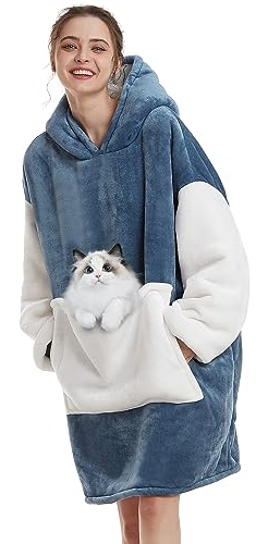 Decke Hoodie Sweatshirt Oversized,Plüsch Flauschig Kuscheldecke mit Tasche,Einheitsgröße Sherpa Kapuzenpullover für Damen Herren,Flanell Fleece TV-Decke mit Ärmel,Tragbar Ganzkörperdecke,Blau Weiß