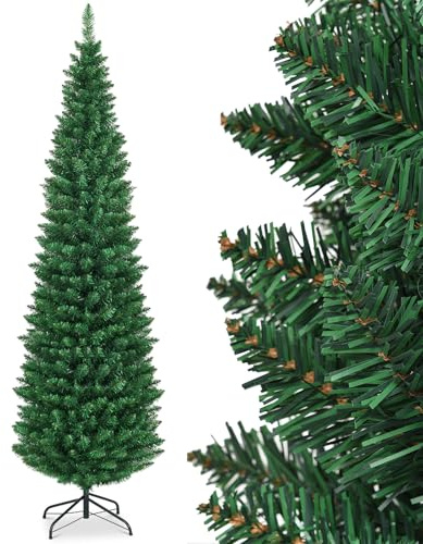 GYMAX Sapin de Noël 210cm Slim Artificiel, 700 Branches en PVC, Support Métallique Pliable, Sapin Mince Gain de Place pour Maison, Magasin, Bureau