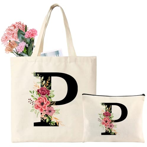Tarklanda Personalisierte Baumwolltasche Initial Canvas Tote Bags, Tragetasche mit Buchstaben, Initialen Einkaufstaschen Kosmetiktasche Geschenk für Frauen Freundin zum Geburtstag, Hochzeit (P)