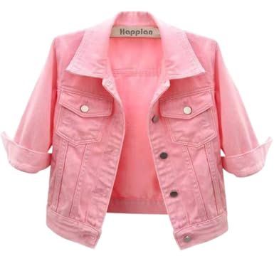 happlan Giacca di jeans corta da donna con maniche a 3/4, con risvolto, bottoni, da camionista, jeans, cappotti, Rosa, X-Large
