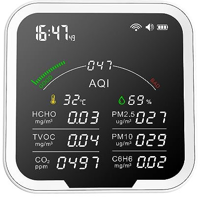 Irfora Misuratore di qualità dell'aria portatile HCHO/TVOC/CO2/PM2,5/PM10/AQI/C6H6, tester di temperatura e di influenza dell'aria da 4,8 pollici, rilevatore di anidride carbonica a grande schermo con