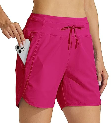 Willit Short de course athlétique pour femme de 12,7 cm à séchage rapide, entraînement, randonnée, taille haute, exercice de gym actif, poche zippée, rose, M