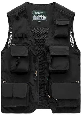 Vanchenl Herren Freizeit Safari Angeln Outdoor Arbeit Weste Jacke Foto Reise Cargo Mesh Weste Multi Taschen Schwarz S