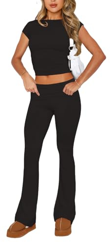 FeMereina Zweiteiliges Damen-Outfit, kurzärmliges, bauchfreies Top und niedrige Taille, ausgestellte Hose, Lounge, 2-teiliges Yoga-Trainingsanzug, Schwarz , 36