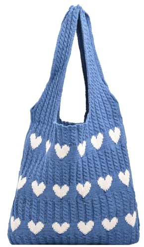 ibalulu Strandtasche Umhängetasche Damen Handtasche Gestrickte Tasche Shopper Tasche Damen-Strick-Love-Häkeltasche Tote Bag Schultertasche für Einkaufen Urlaub Reise (Blau)