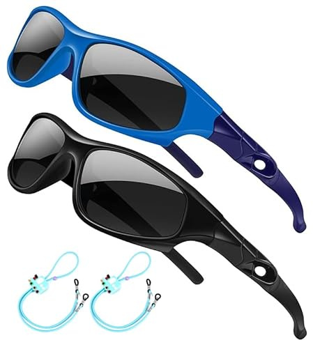 Rocf Rossini Pack of 2 Flexible Kids Sunglasses Boys Polarized Sports Sun Glasses Girls Cycling Shades with Straps UV400 Protection Eyewear for Age 3-10 (Black+Blue/Darkblue)