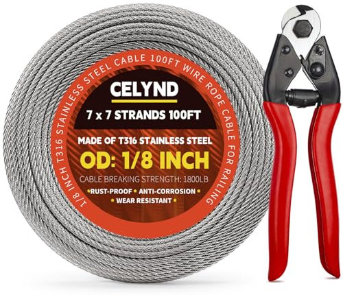CELYND Câble en acier inoxydable pour garde-corps – 30,5 m – Câble métallique T316 pour garde-corps de terrasse