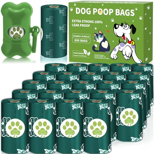 JEDWKFA 600 Stück/24 Rollen Hundekotbeutel, Auslaufsichere und extra dicke Kackbeutel für Hunde, mit Spender, Taschen für Hunde, Geeignet für den Außenbereich, Hundekotbeutel mit duft, tragbar, Grün