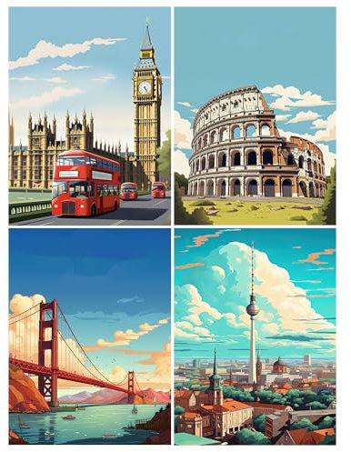 DCIDBEI 30x40CM 4 Lot Diamond Painting Paysage Abstrait, 5D Peinture Diamant kit Complet Ville, Tableau Diamant Rond, Jeu Occasionnel Cadeau Original Pour Maison Salon Chambre Décor Artisanat