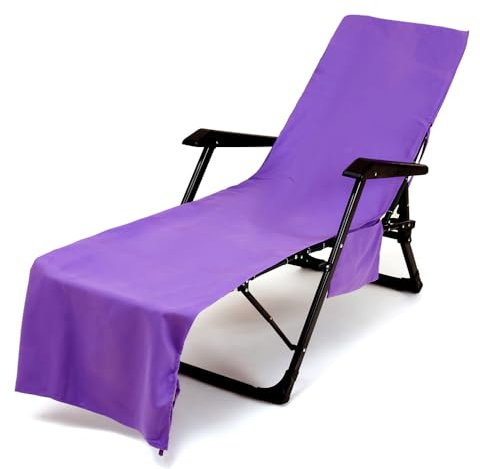 Treer Beach Chair Cover Towel, Solid Color Beach Towel, Portable Beach Sunbed Towels, Sun Lounger Towels with Pockets, Microfiber Towel for Beach Garden Vacation (75x210cm,Purple)