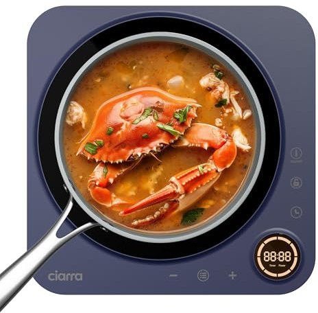 Ciarra CAPTIH1-M Einzel Induktionskochfeld 1 Platte 2000W Tragbares Induktionskochplatte Induktion Kochfeld mit 8 Leistungsstufen 8 Temperaturstufen 3-Stunden Timer Touch-Steuerung Blau