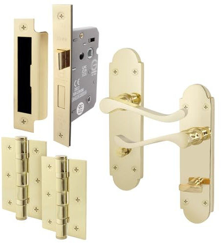 EAI Polished Brass Bathroom Door Handle Set - Victorian Scroll Shaped | 1 Pair of Internal Handles with Hinges (76mm) & Lock (80mm)