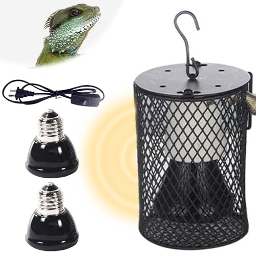 Reptilien Wärmelampe mit Schutzkorb, 2 Stück Keramik Wärmelampen E27 mit Lampensockel Halter, Wärmelampe Schildkröten, Schildkröte Wärmespotlampe für Schildkröte, Schlangen, Echsen, Chamäleon, 50 W