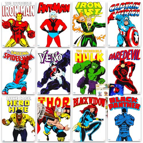 Marvel Comicbuch-Posterbuch-Set – Bündel mit 12 Avengers-Comicbuch-Superhelden-Postern mit Spiderman, Captain America, mehr, Comicbuch-Zimmer-Dekoration für Kinder, Jugendliche, Erwachsene